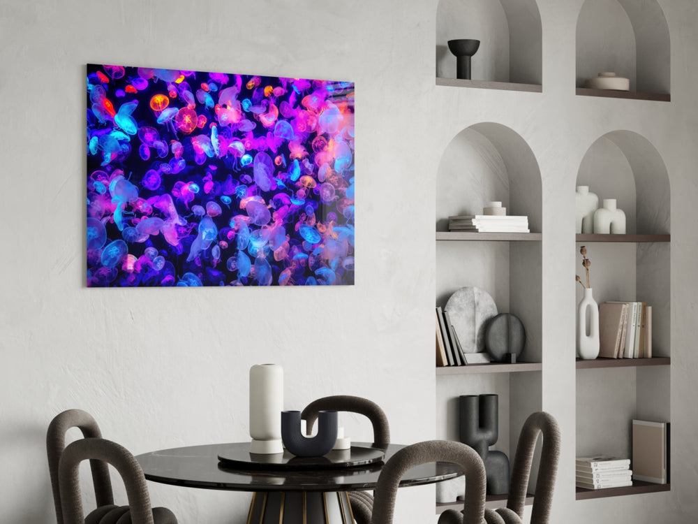 Neon Jellies glass print enhancing a teen room with cinematic drama