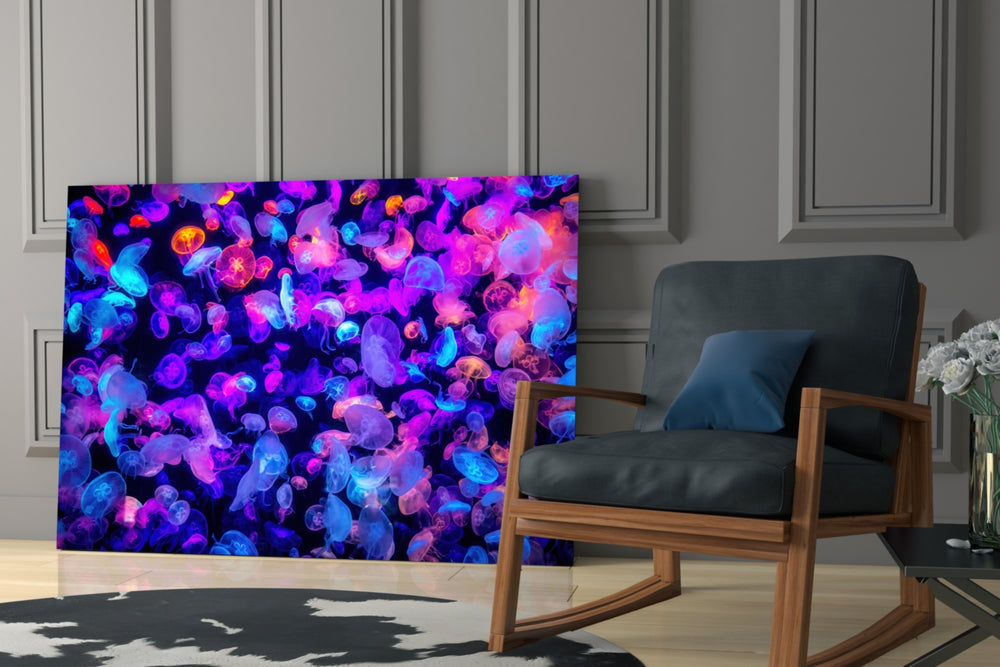 Neon Jellies artwork anchoring a wall with cool marine palette