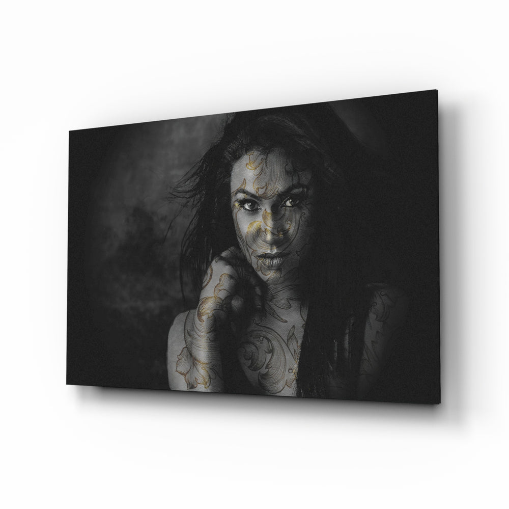 Baroque-portrait panel bringing moody drama to a contemporary library