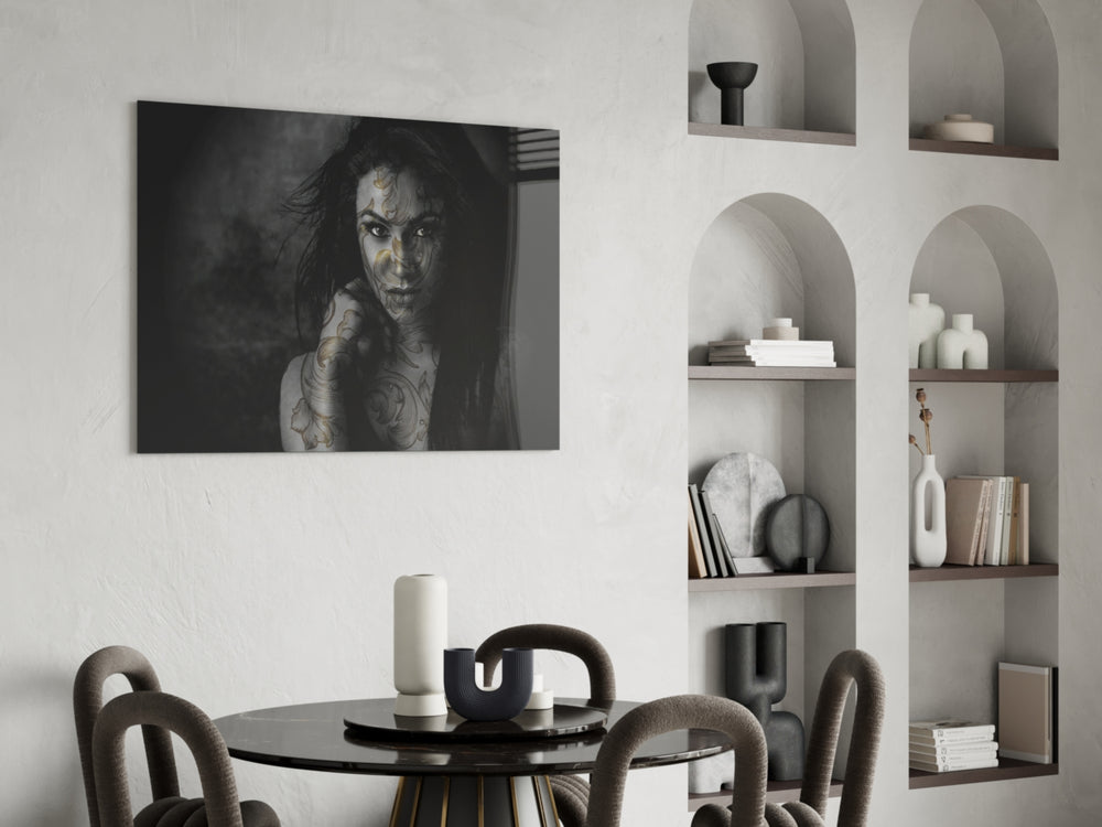 Tattooed Muse glass print enhancing a hallway with cinematic drama