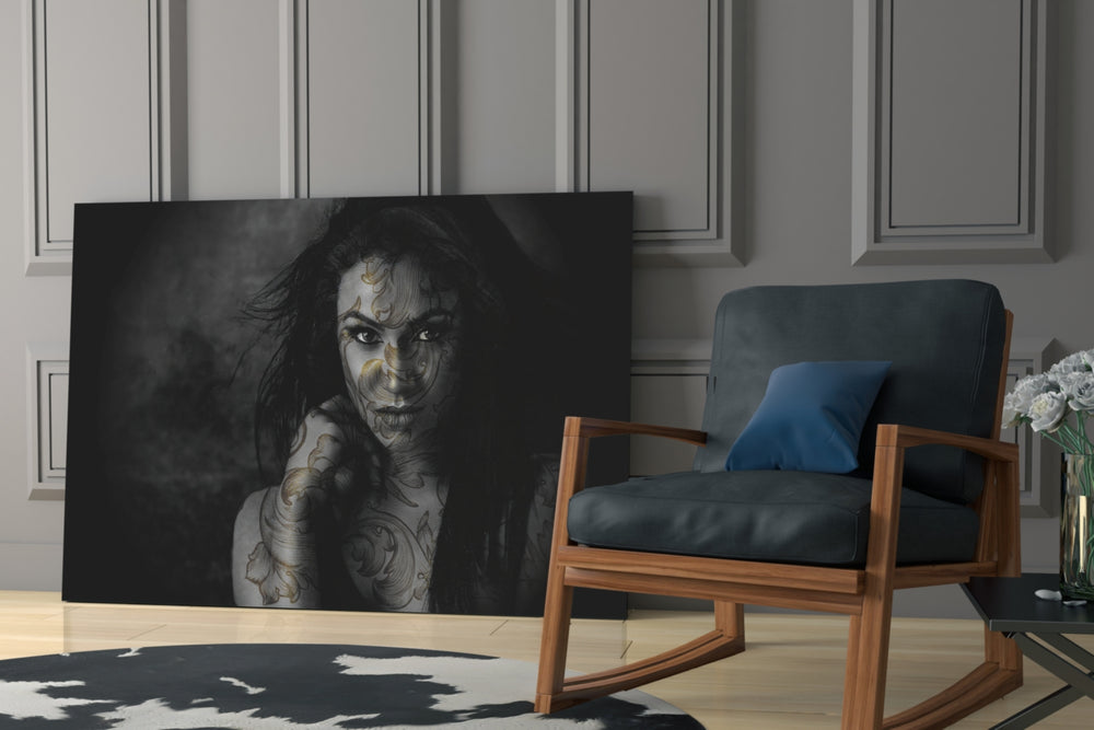 Tattooed Muse artwork anchoring a wall with moody baroque palette