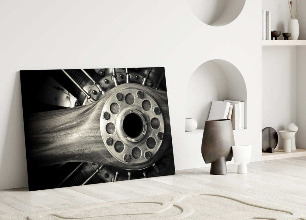 Vintage Engine glass wall art styled above a sofa in a man cave
