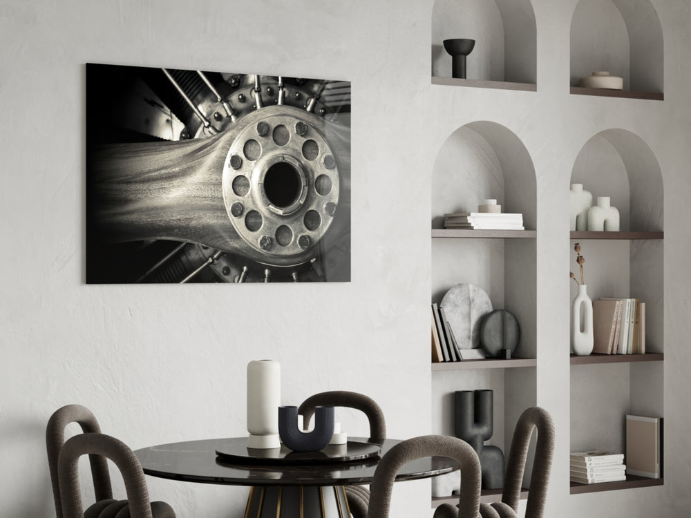 Vintage Engine glass print enhancing a man's office with cinematic drama