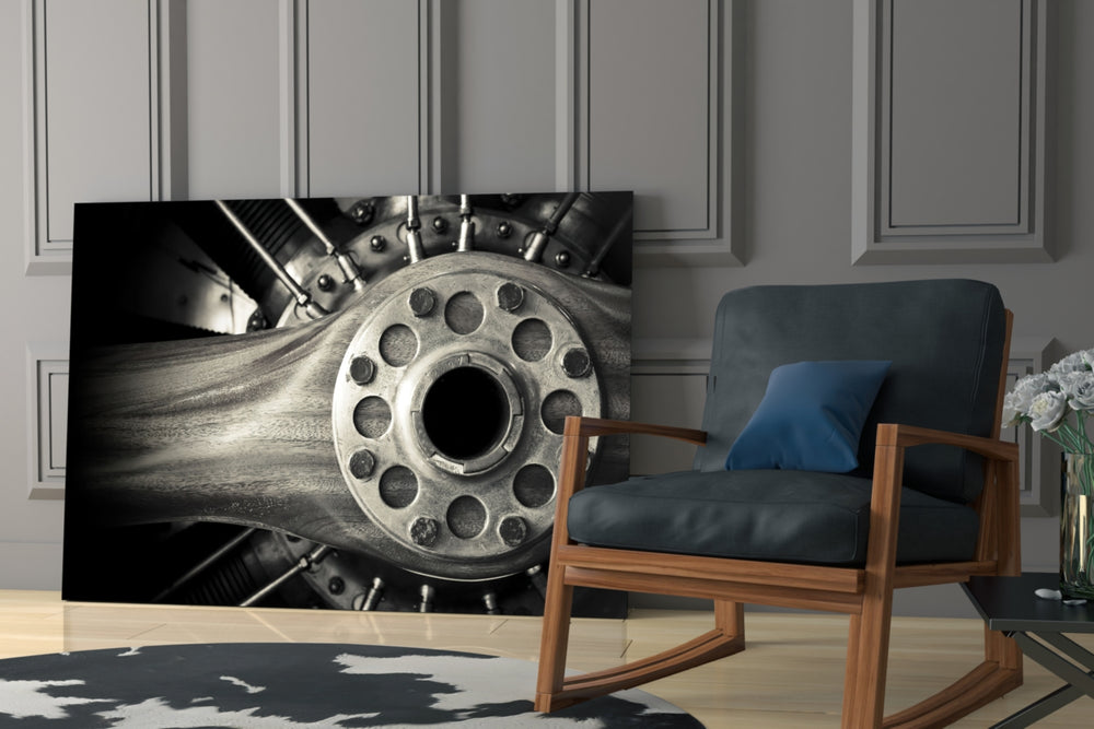 Vintage Engine artwork anchoring a wall with moody mechanical palette