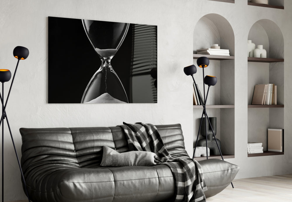 Hourglass Time panel adding editorial mood to a man's office