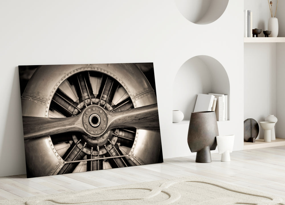 Vintage Propeller glass wall art styled above a sofa in a man cave