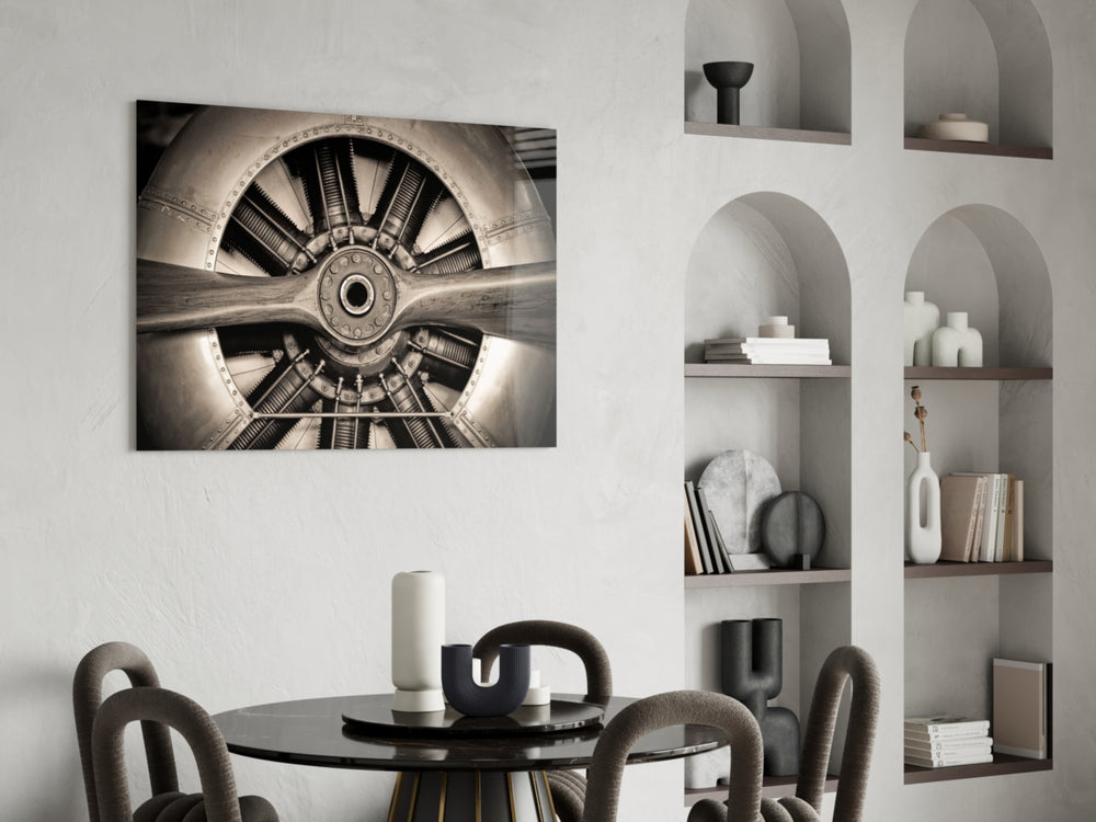 Vintage Propeller glass print enhancing a man's office with cinematic drama