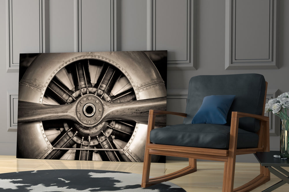 Vintage Propeller artwork anchoring a wall with moody aviation palette