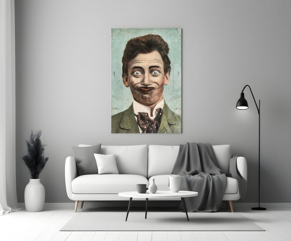Cartoon Gentleman glass wall art styled above a credenza in a study