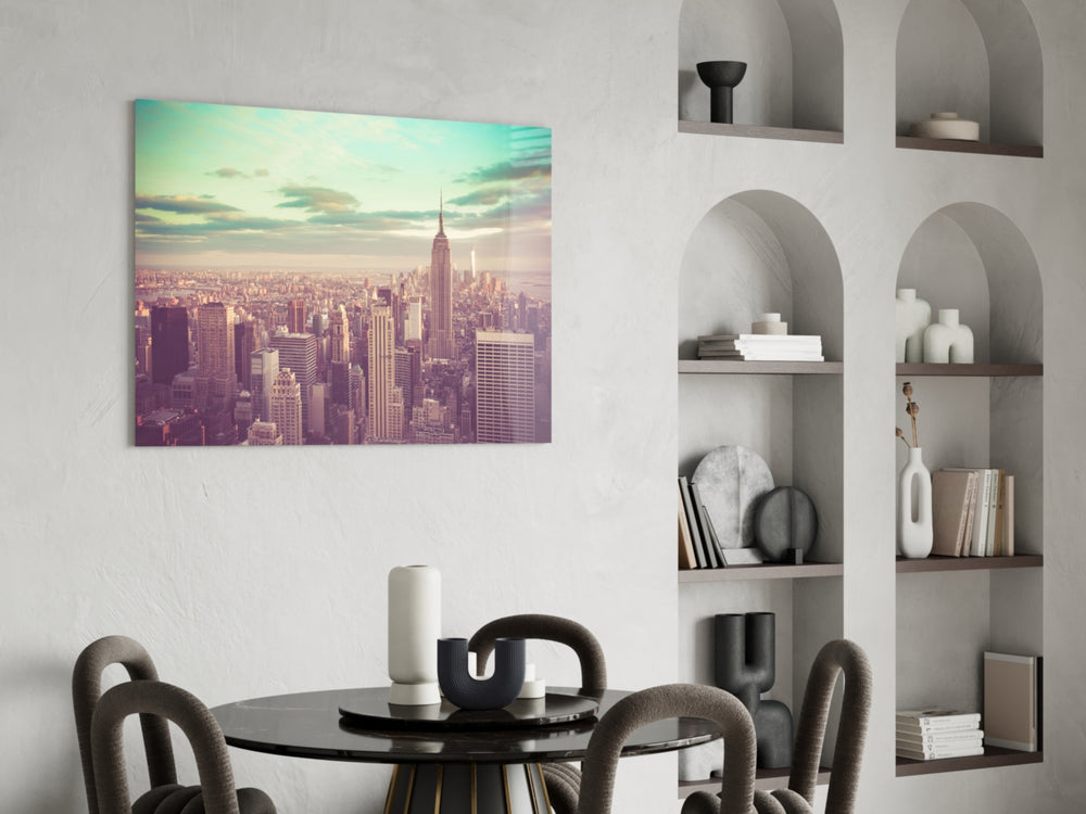 Manhattan Dawn glass print enhancing a hallway with editorial drama