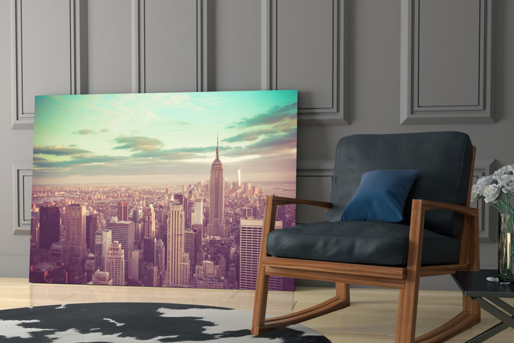 Manhattan Dawn artwork anchoring a wall with dreamy urban palette