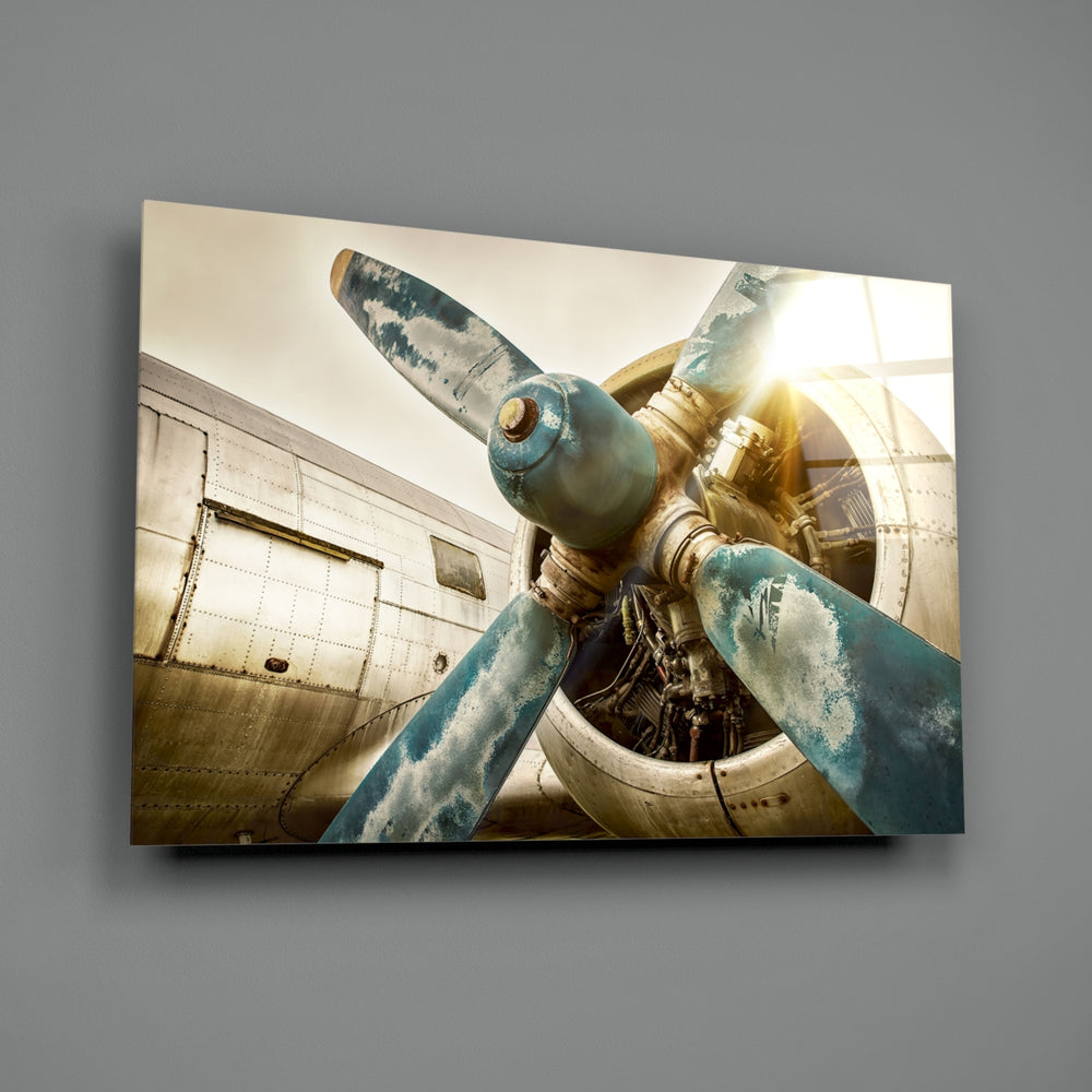 Vintage Plane close-up showing turquoise-blue blades and chromed hub