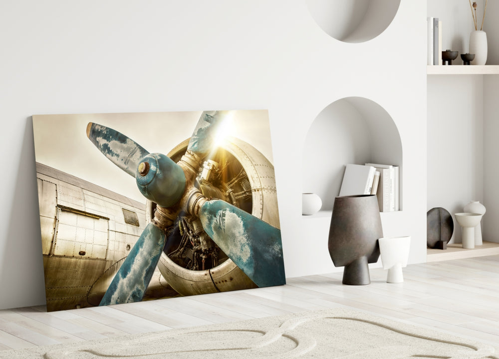 Vintage Plane glass wall art styled above a desk in a man cave