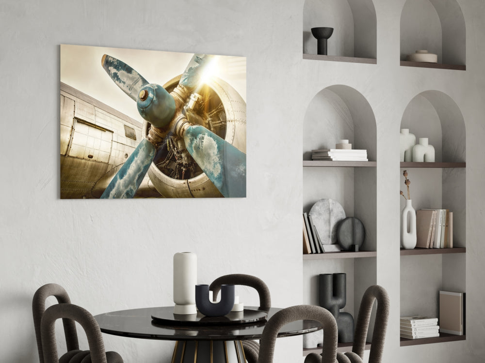 Vintage Plane glass print enhancing a man's office with cinematic drama