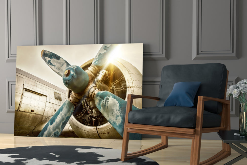 Vintage Plane artwork anchoring a wall with moody aviation palette