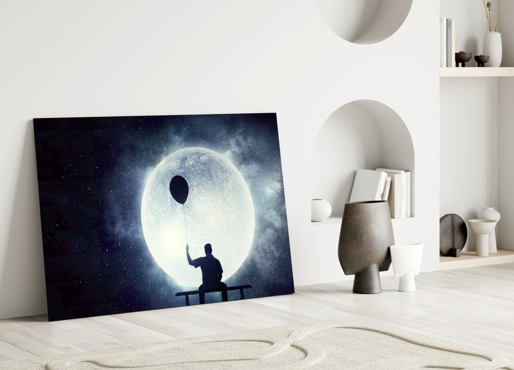 Moon Dreamer glass wall art styled above a bed in a master bedroom
