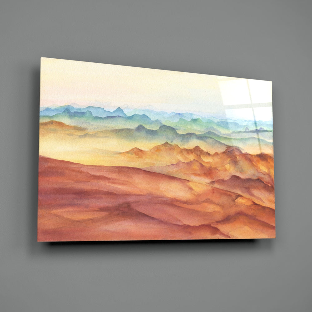 Watercolor Ranges close-up showing cyan teal peaks above rust-red hills