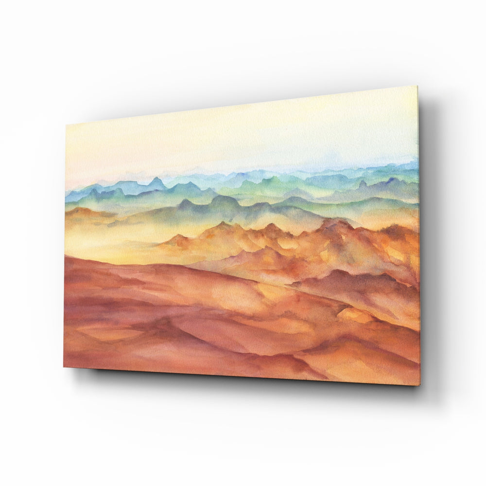 Watercolor-mountain panel bringing serene drama to a contemporary living space
