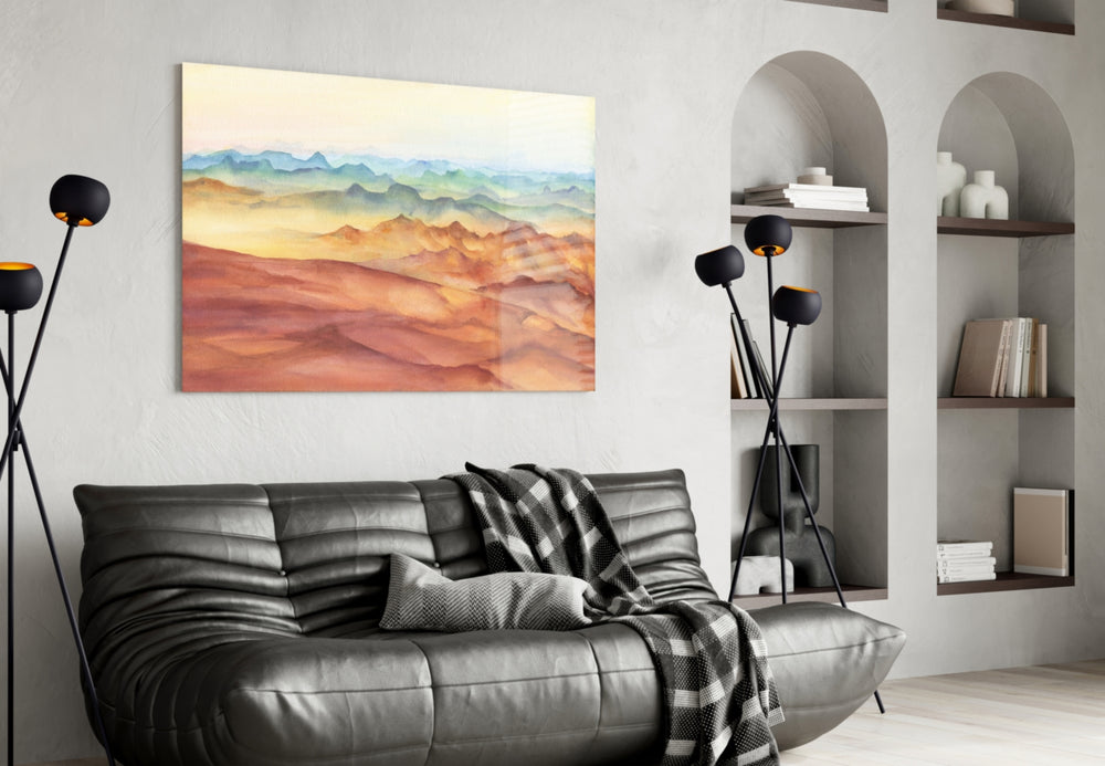 Watercolor Ranges panel adding calm mood to a hallway