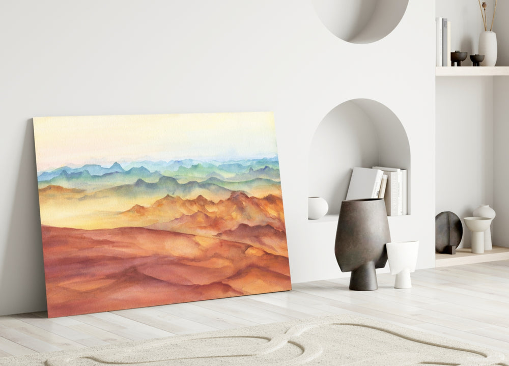 Watercolor Ranges glass wall art styled above a credenza in a master bedroom