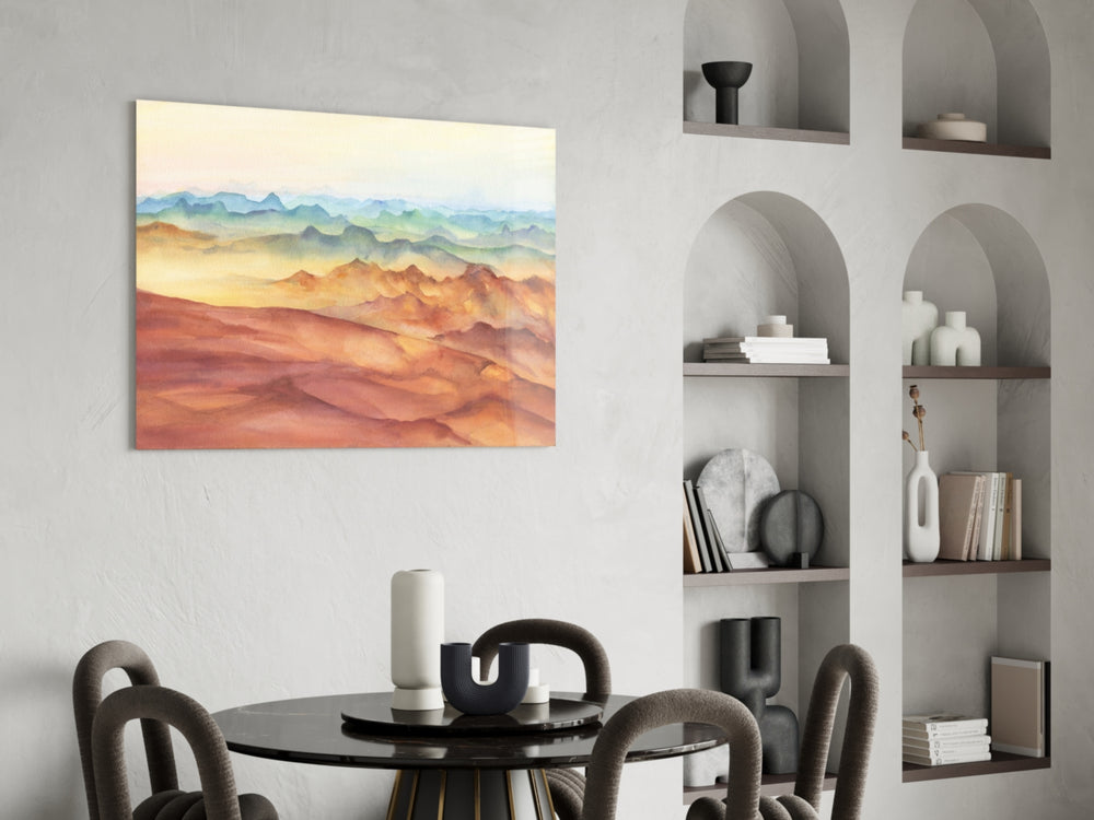 Watercolor Ranges glass print enhancing a living room with editorial drama