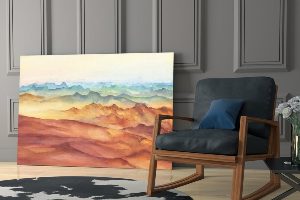 Watercolor Ranges artwork anchoring a wall with serene watercolor palette