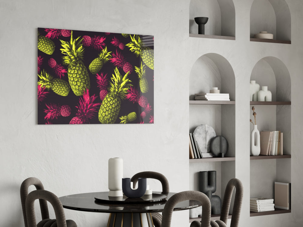 Neon Pineapples glass print enhancing a kitchen with editorial drama