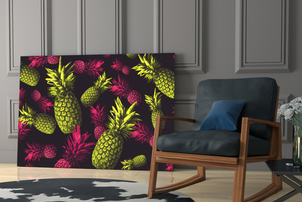 Neon Pineapples artwork anchoring a wall with vibrant tropical palette