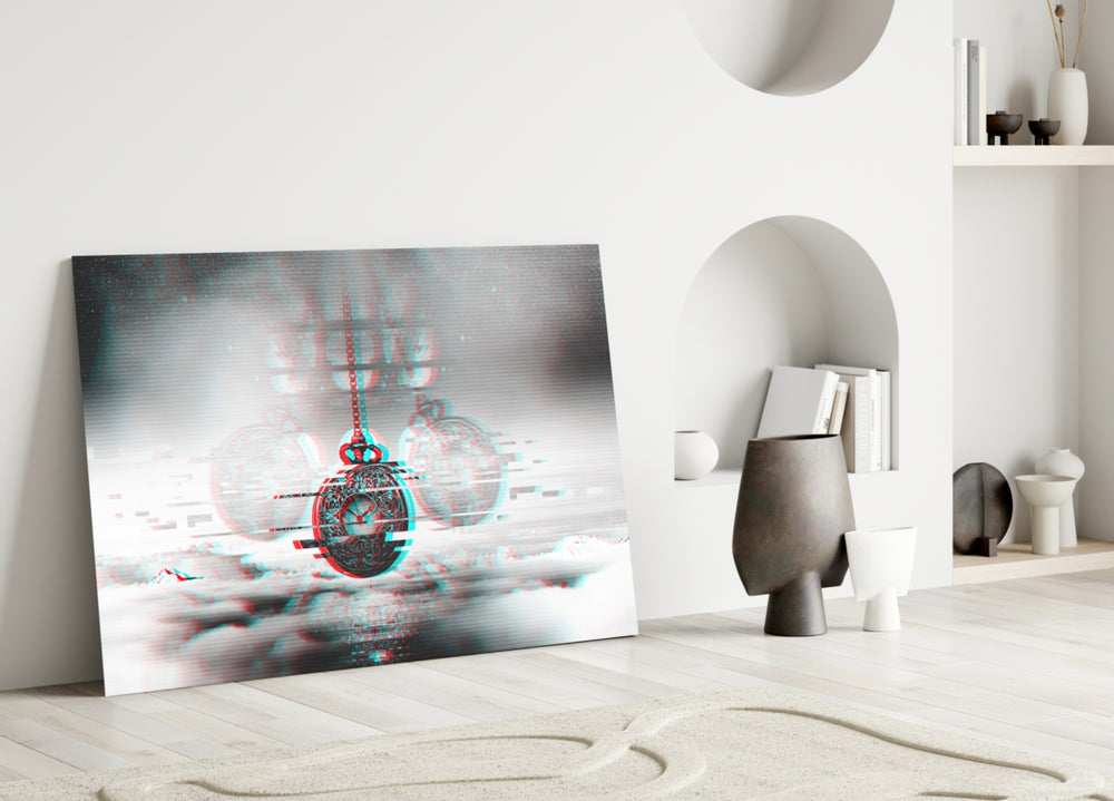 Glitch Pocket Watch glass wall art styled above a credenza in a study