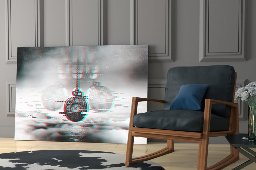 Glitch Pocket Watch artwork anchoring a wall with surreal vintage palette