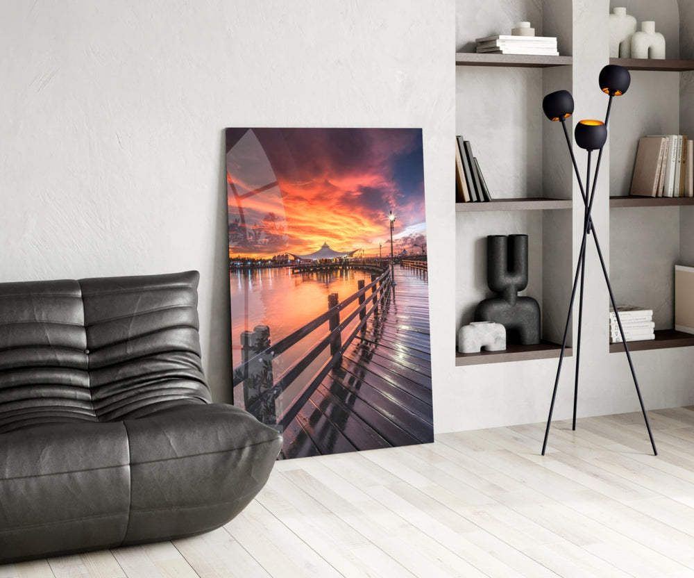 Pier Sunset glass print enhancing a hallway with editorial drama