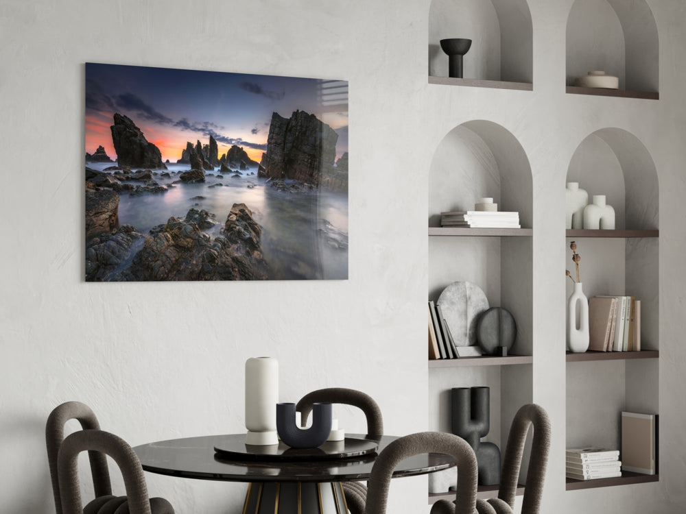 Coastal Cliffs glass print enhancing a bathroom with editorial drama