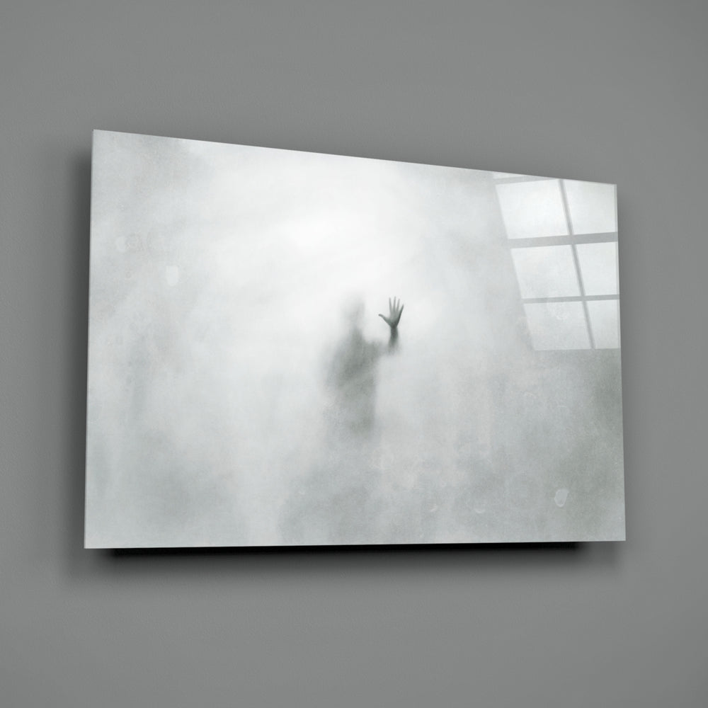 Despair close-up showing silhouetted hand against pale fogged surface