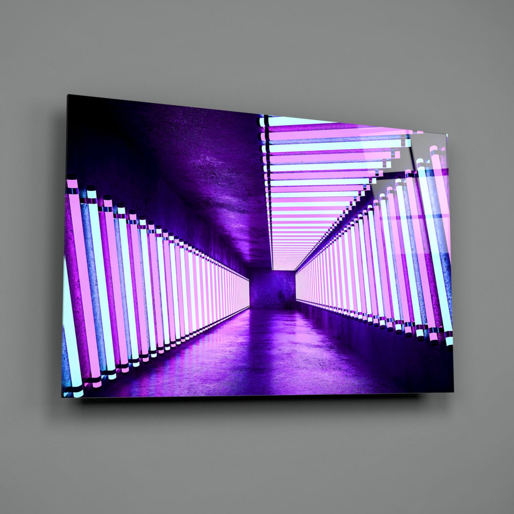 Neon close-up showing magenta and cyan neon bars in vanishing perspective