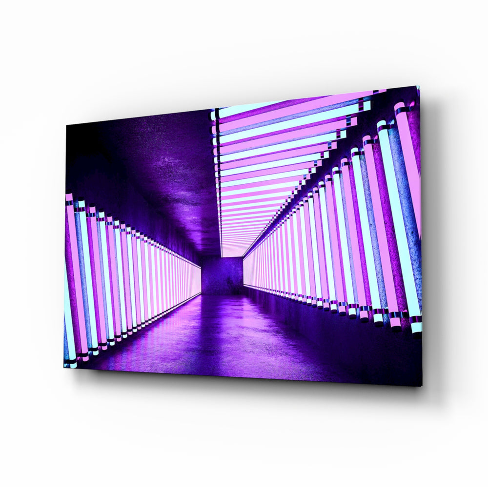 Vaporwave-architectural panel bringing electric drama to a contemporary lounge
