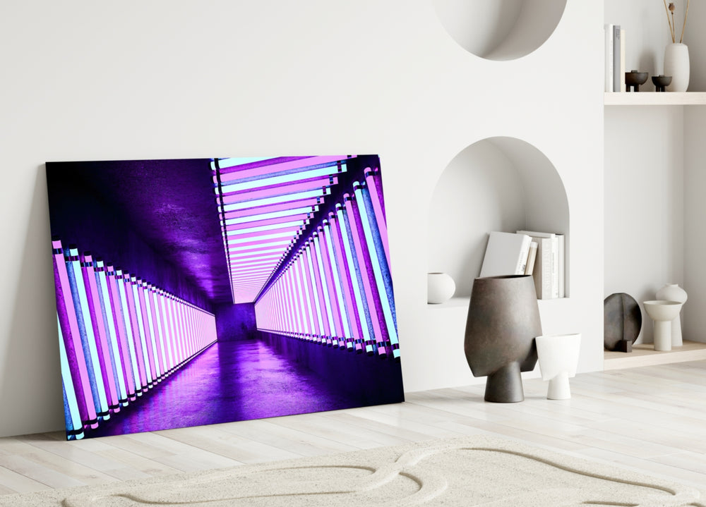 Neon glass wall art styled above a console in a gaming room