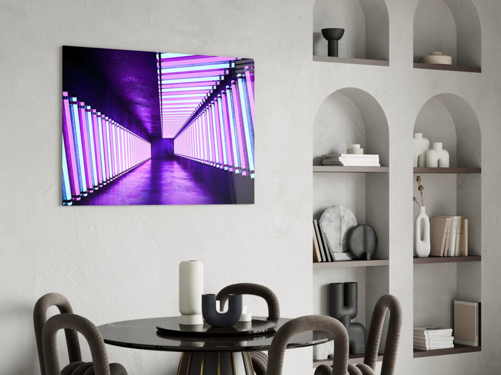 Neon glass print enhancing an office with cinematic drama