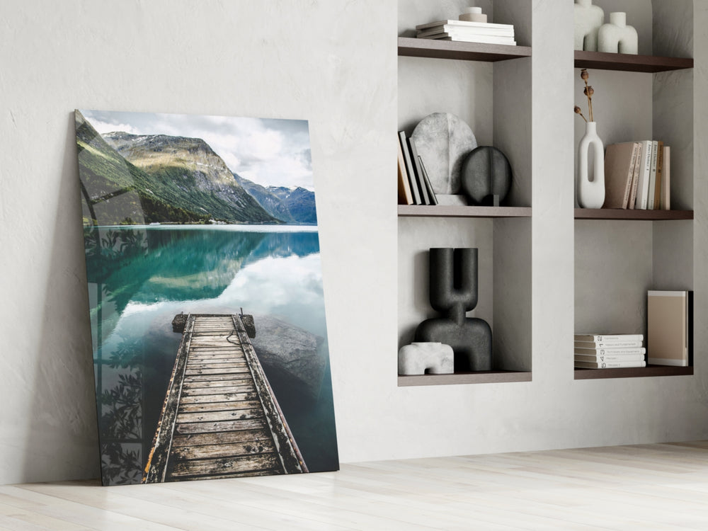 Dock artwork anchoring a wall with serene nature palette