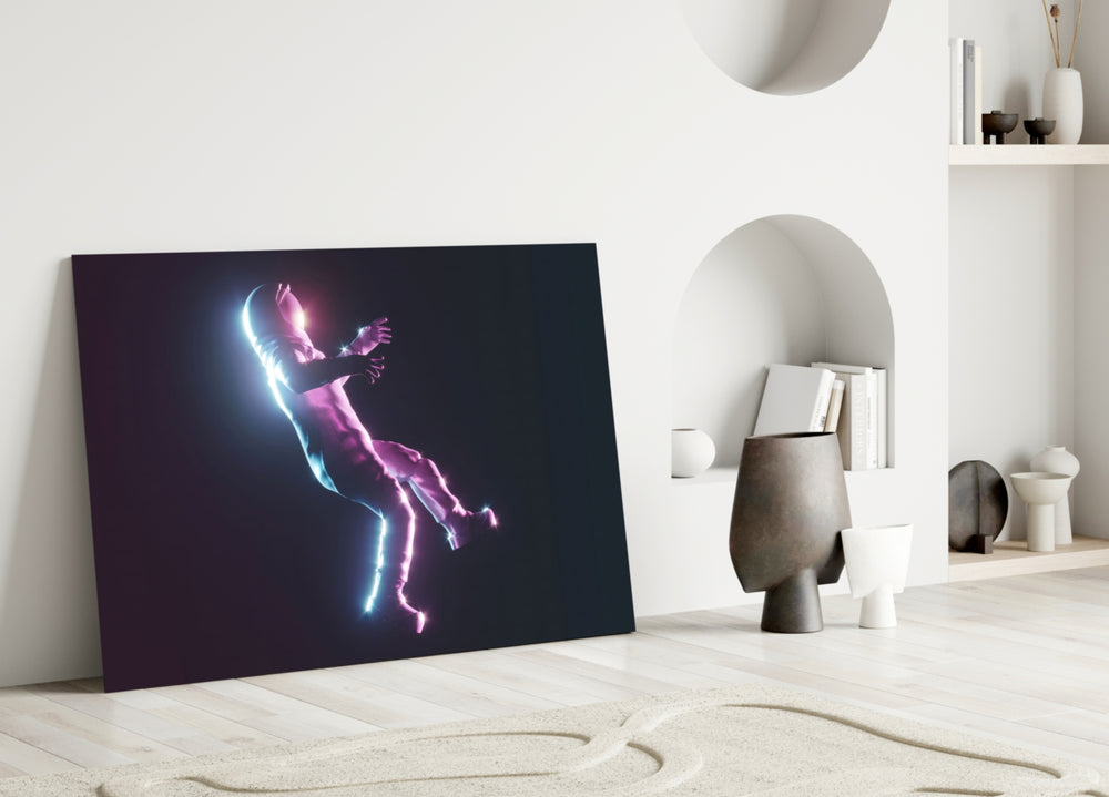 Astronaut glass wall art styled above a console in a gaming room