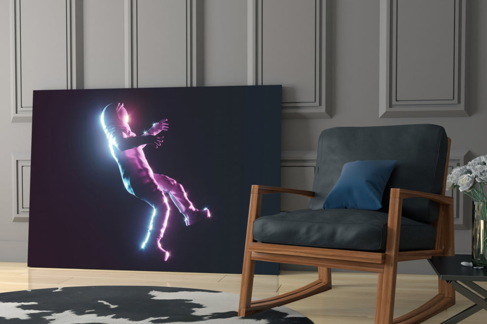Astronaut artwork anchoring a wall with bold space palette