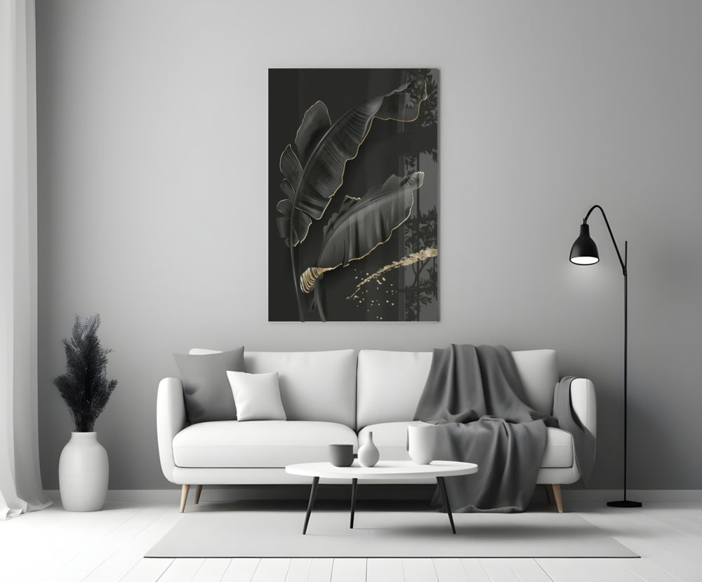 Leaf glass wall art styled above a console in a master bedroom