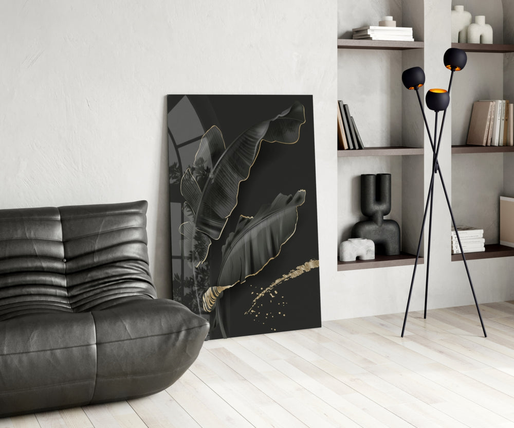 Leaf glass print enhancing a living room with cinematic drama