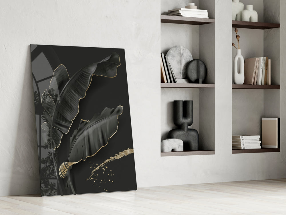 Leaf artwork anchoring a wall with moody luxury palette