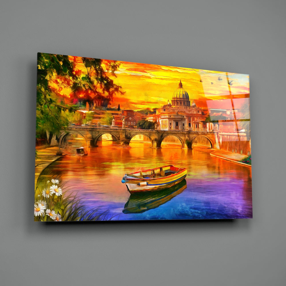 St. Peter's Basilica close-up showing Vatican dome and bridge in amber sunset