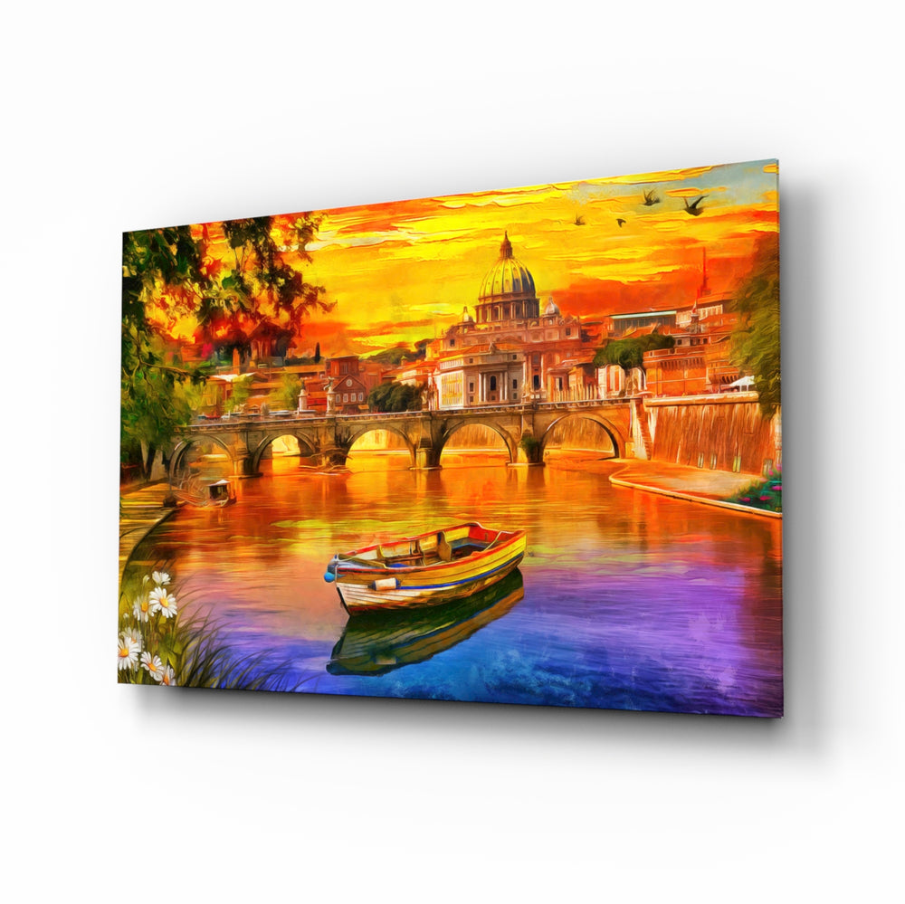 Oil-painting-cityscape panel bringing vibrant drama to a contemporary lounge