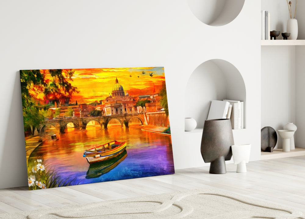 St. Peter's Basilica glass wall art styled above a sofa in a living room