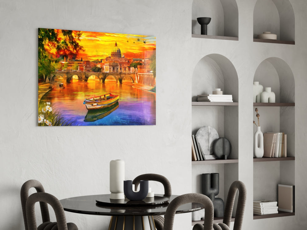 St. Peter's Basilica glass print enhancing a restaurant with cinematic drama