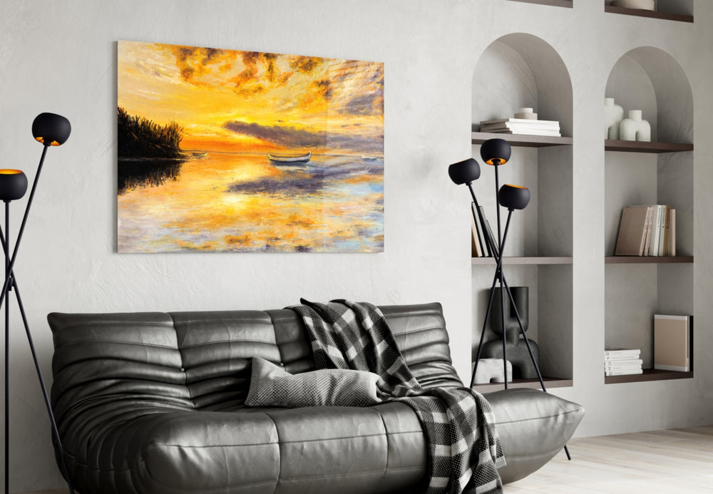 Landscape panel adding editorial calm to a bedroom