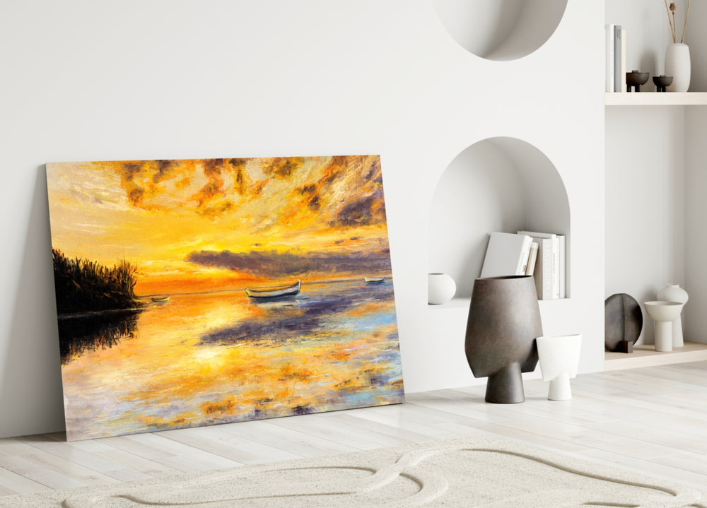 Landscape glass wall art styled above a console in a living room