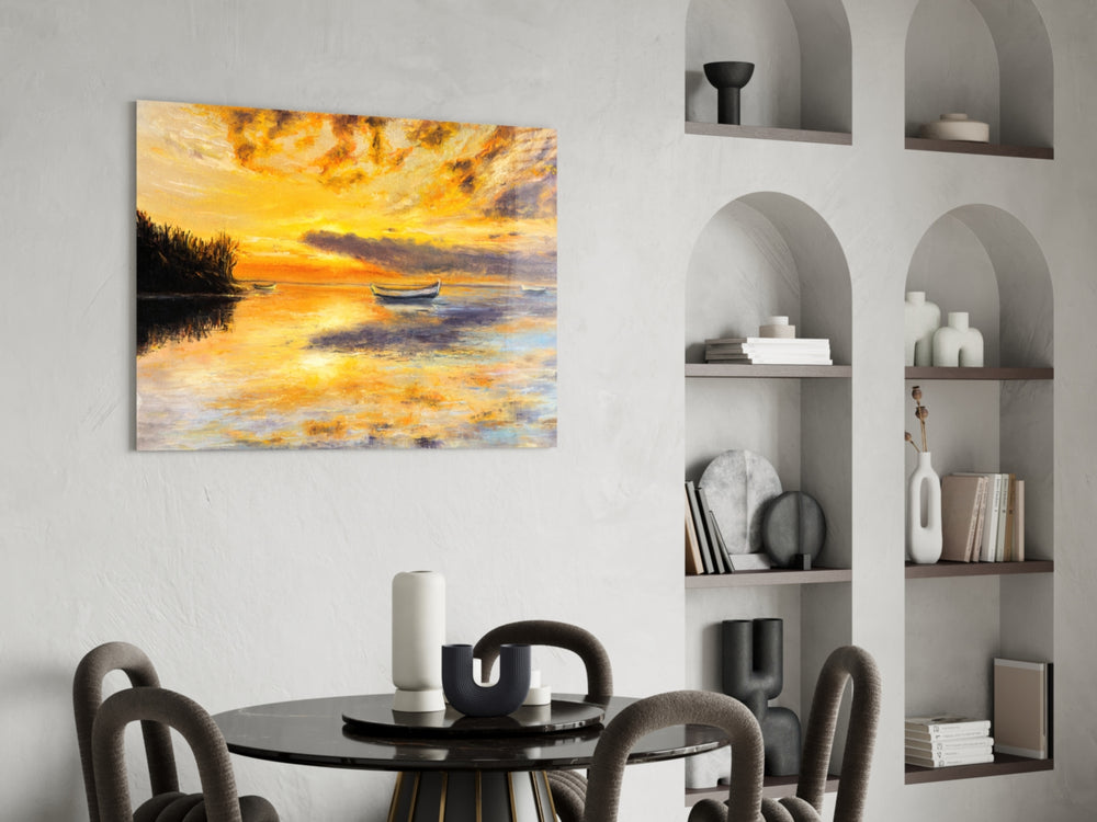 Landscape glass print enhancing a dining room with cinematic mood
